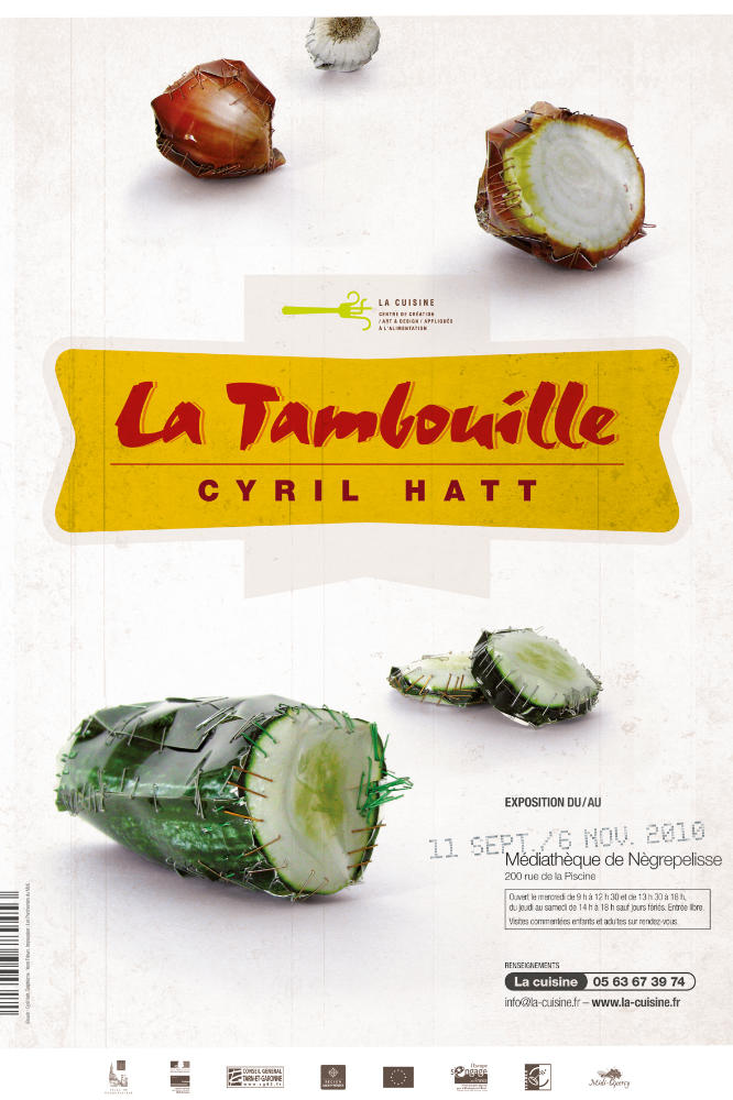 Concombres, oignons, ail, tout de papier vêtus… Affiche de Yann Febvre pour l'exposition de Cyril Hatt “La tambouille” au centre d'art et de design La cuisine.