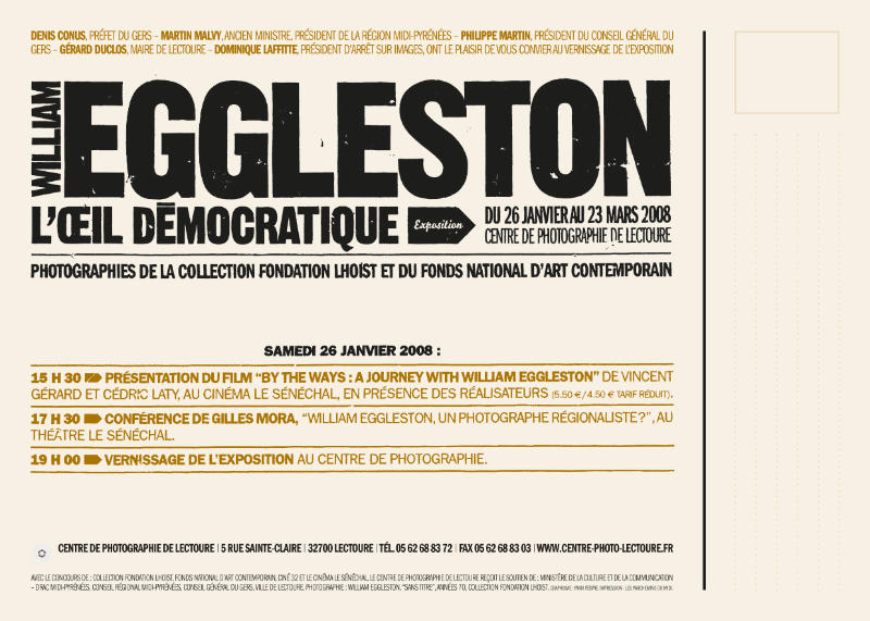Carton d'invitation de l'exposition “L’œil démocratique” de William Eggleston au Centre d'art et de photographie de Lectoure par Yann Febvre.