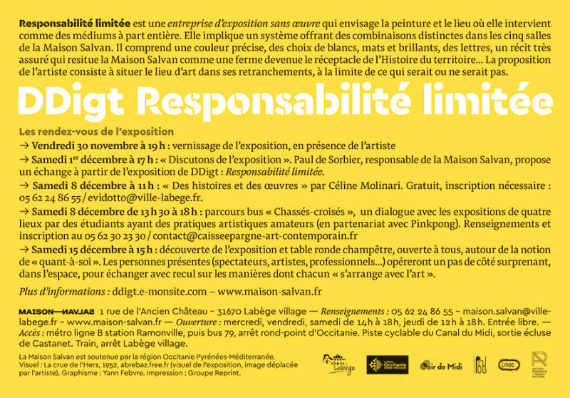 Flyer de l'exposition “Responsabilité limitée” de DDigt à la Maison Salvan par Yann Febvre.