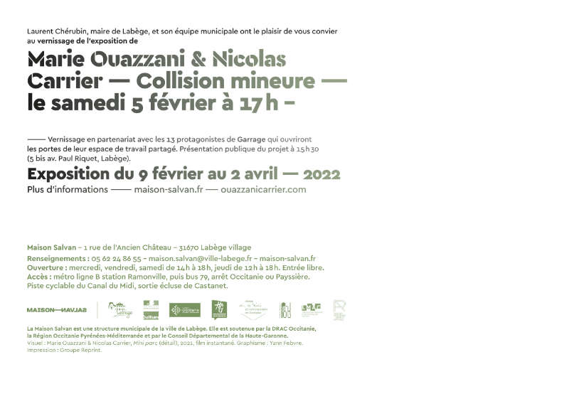 Mini parc, immeubles de bureau par Marie Ouazzani & Nicolas Carrier pour l'exposition “Collision mineure” à la Maison Salvan. Carton d'invitation de l'évènement par Yann Febvre.