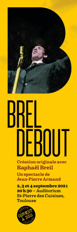 Jacques Brel en concert pour un marque-pages de Yann Febvre pour le spectacle “Brel debout” du théâtre Cornet à dés. Image : Tom Robinson.