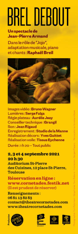 Jacques Brel en concert pour un marque-pages de Yann Febvre pour le spectacle “Brel debout” du théâtre Cornet à dés. Image : Tom Robinson.