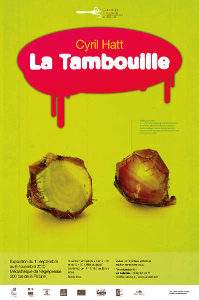 Concombres, oignons, ail, tout de papier vêtus… Projet d'affiche de Yann Febvre pour l'exposition de Cyril Hatt “La tambouille” au centre d'art et de design La cuisine.