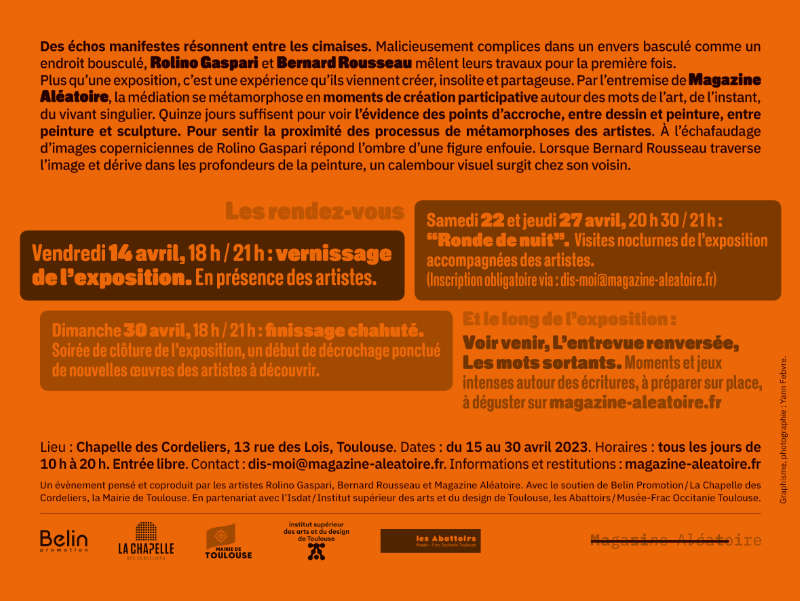 Artistes à l'atelier. Un flyer de Yann Febvre pour “L'envers de l'endroit”, exposition de Rolino Gaspari et Bernard Rousseau pensée par Magazine Aléatoire. Image : Yann Febvre.