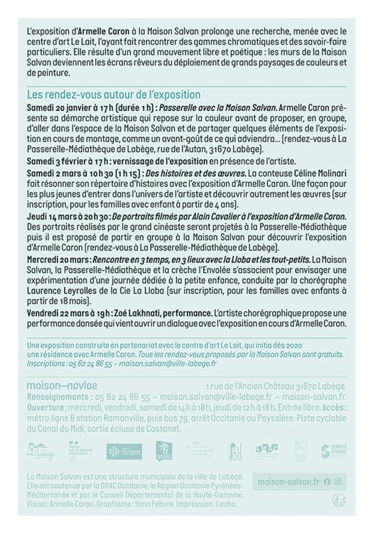 Gamme de couleur… Flyer de l’exposition de l'exposition d’Armelle Caron “Le surgissement du bleu” à la Maison Salvan, par Yann Febvre.