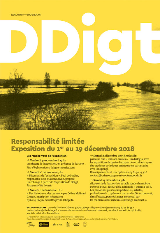 Paysage dépouillés fond jaune… exposition “Responsabilité limitée” de DDigt à la Maison Salvan. Affiche de l'évènement par Yann Febvre. 