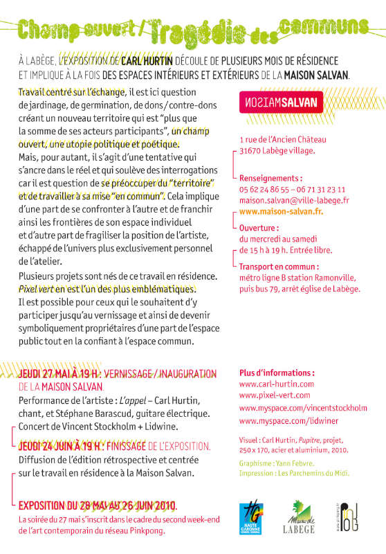 Drôle de partition ! Exposition “Champ ouvert/tragédie des communs” de Carl Hurtin à la Maison Salvan. Flyer de l'évènement par Yann Febvre.