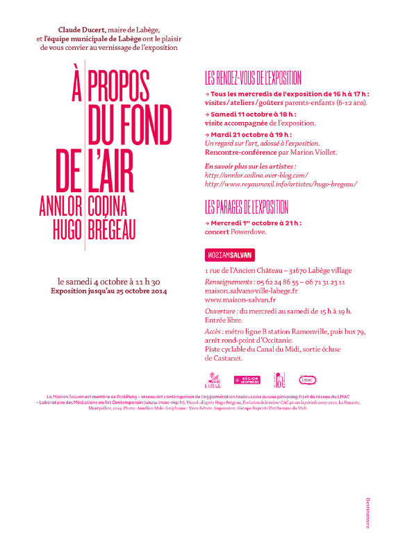 Comme un air de famille. Exposition “À propos du fond de l’air” de Annlor Codina et Hugo Brégeau à la Maison Salvan. Carton d’invitation par Yann Febvre.