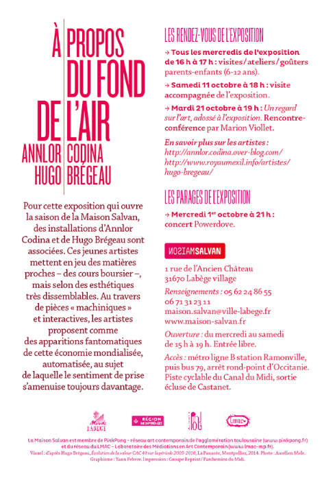 Comme un air de famille. Exposition “À propos du fond de l’air” de Annlor Codina et Hugo Brégeau à la Maison Salvan. Flyer par Yann Febvre.