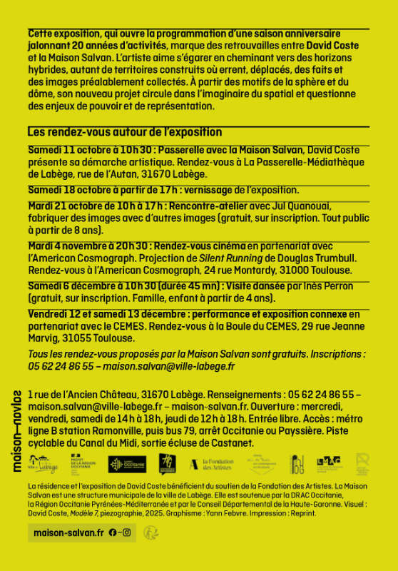 Tout de ronds ! Flyer de l'exposition de David Coste “Sphère(s), dôme(s), géographie mutante” à la Maison Salvan, par Yann Febvre.