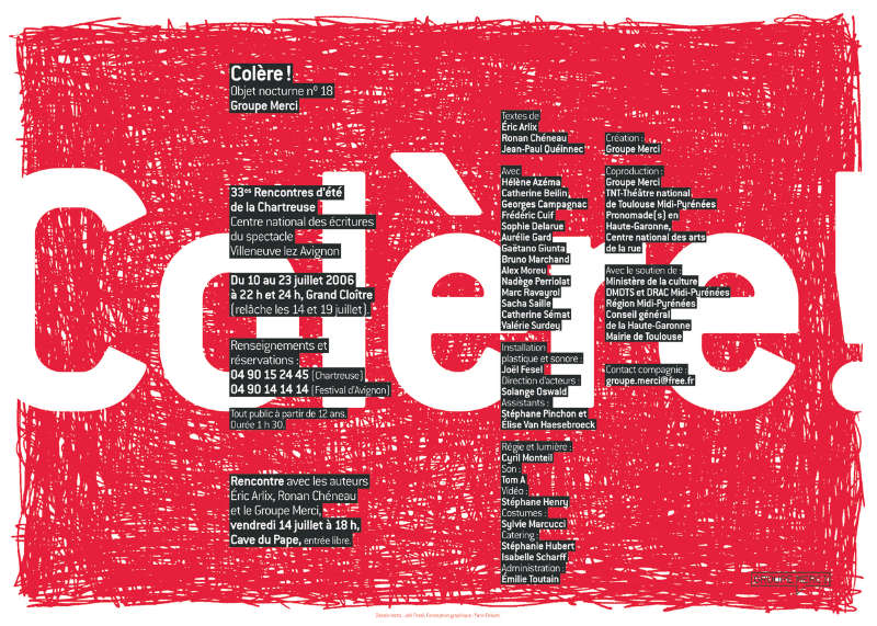 “Colère”, un spectacle du Groupe Merci. Identité visuelle par Yann Febvre. Dessin : Joël Fesel.