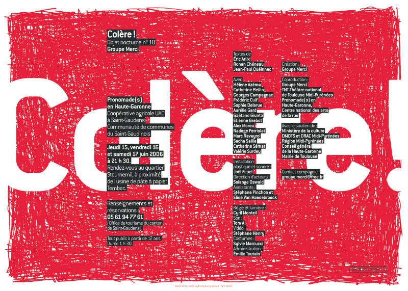 “Colère”, un spectacle du Groupe Merci. Identité visuelle par Yann Febvre. Dessin : Joël Fesel.