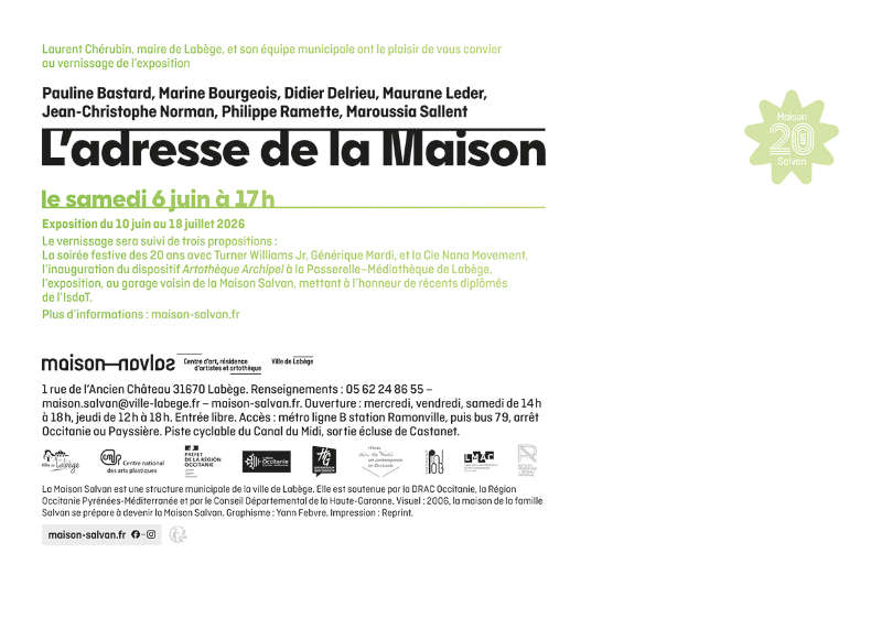 Une histoire de 20 ans ! Carton d’invitation de l'exposition anniversaire “L’adresse de la Maison” à la Maison Salvan, par Yann Febvre.