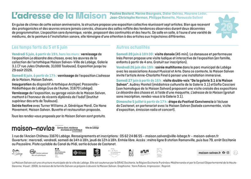Une histoire de 20 ans ! Flier de l'exposition anniversaire “L’adresse de la Maison” à la Maison Salvan, par Yann Febvre.
